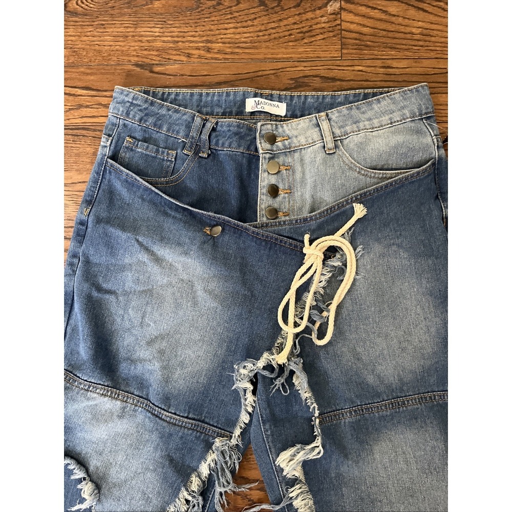 Madonna & Co Denim Jeans W/ Skirt Overlay XL Distressed Cinched Ankle $139 MSRP - Picture 5 of 12